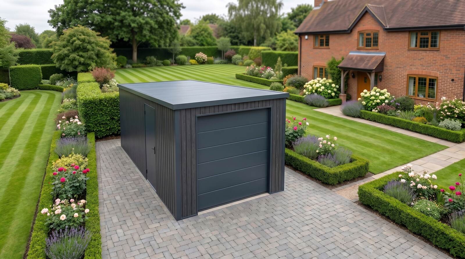 Premium anthracite steel garage with a sectional door on a block-paved driveway, in the landscaped garden of a British red-brick detached home