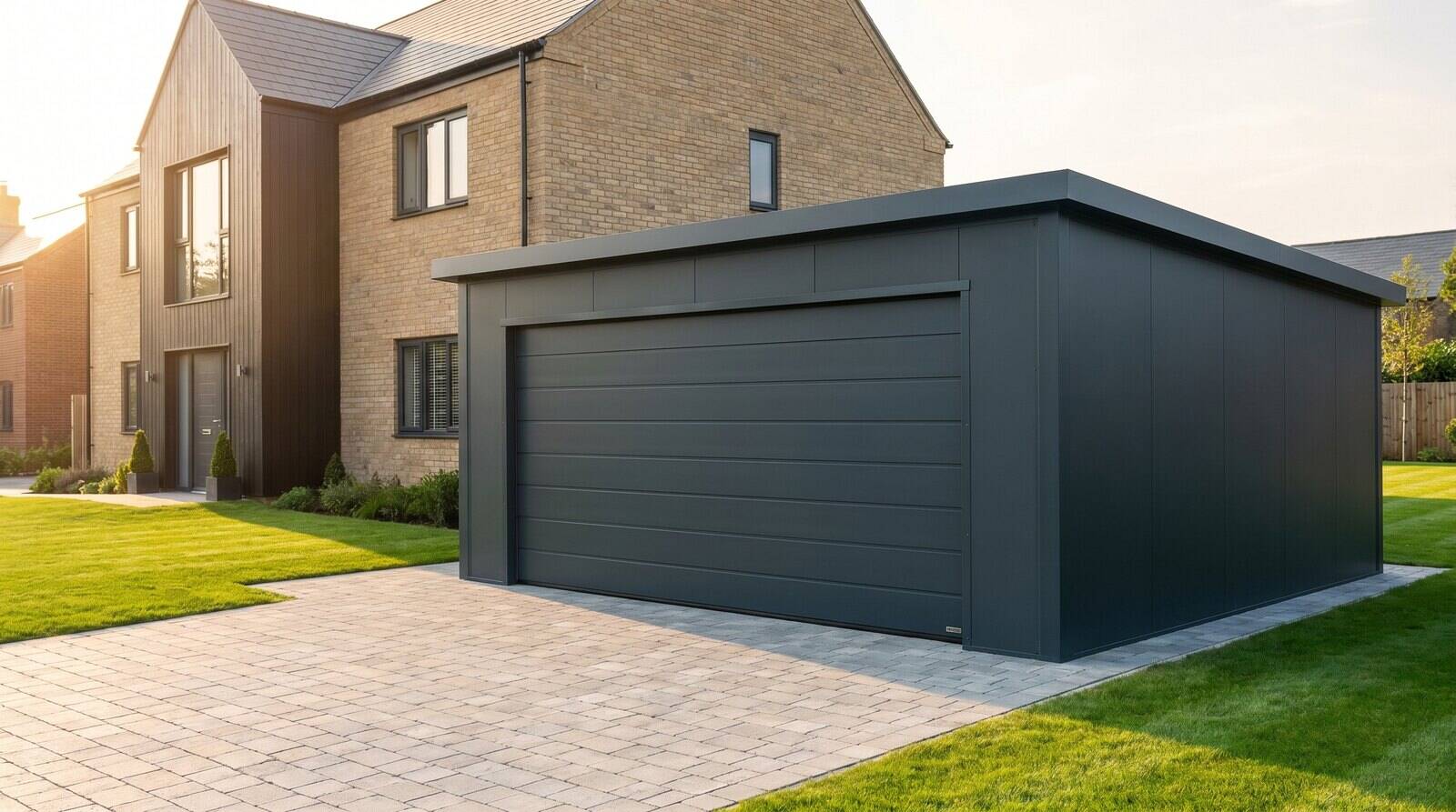 Anthracite steel garage on a paved driveway at golden hour