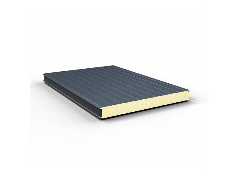Insulated sandwich panel: smooth steel skin bonded to a 100 mm rigid PIR foam core