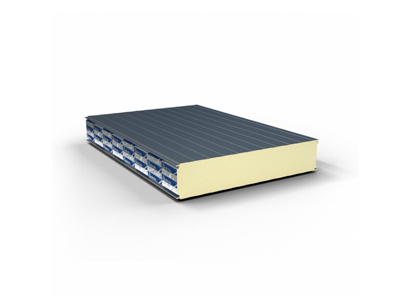 Edge of an insulated panel showing the profiled steel skin over a rigid PIR foam core