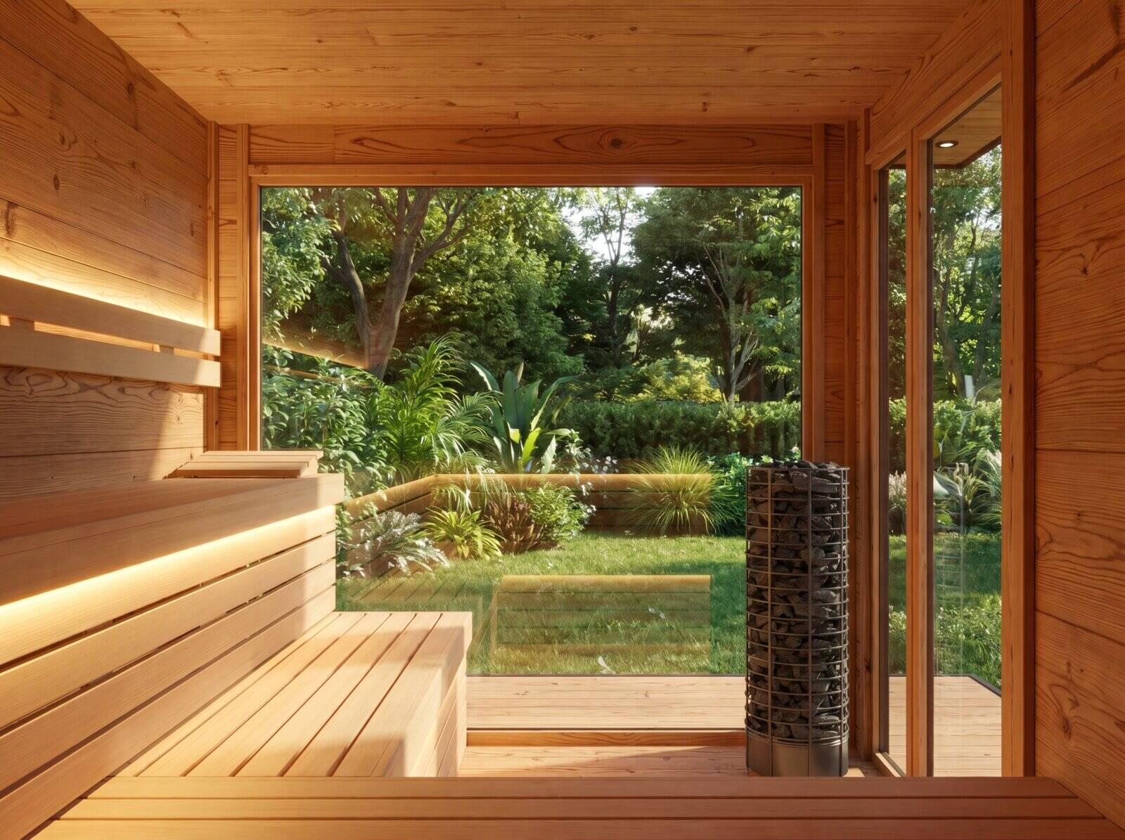 NORD sauna interior with spruce benches and panoramic glass