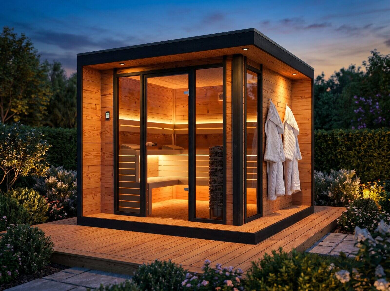 NORD sauna in a landscaped garden at dusk