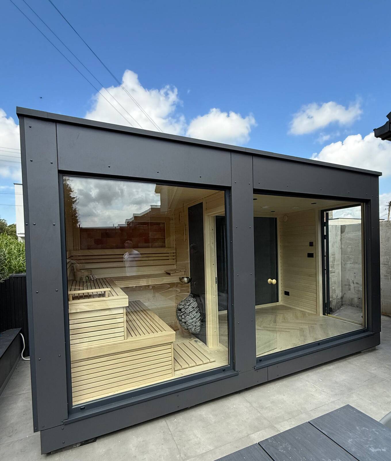 SAGA spa installed, exterior — custom installation shown