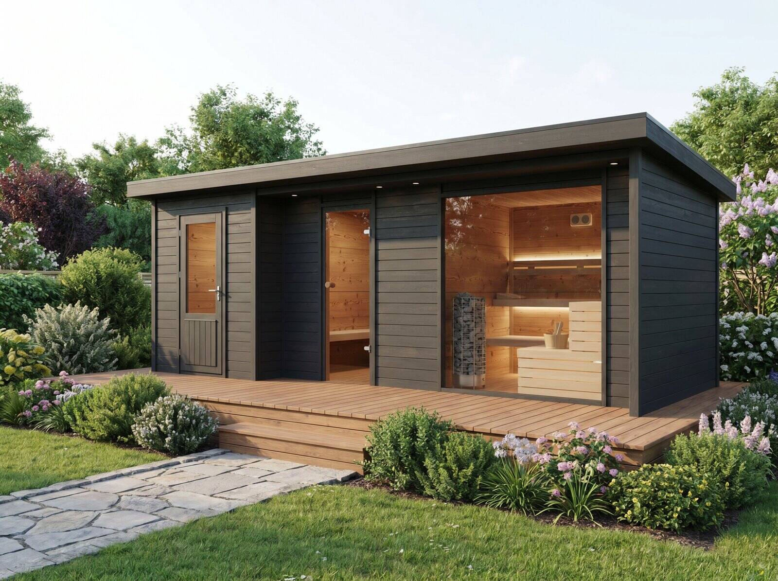 VIDDA sauna, three-quarter view with the changing-room door