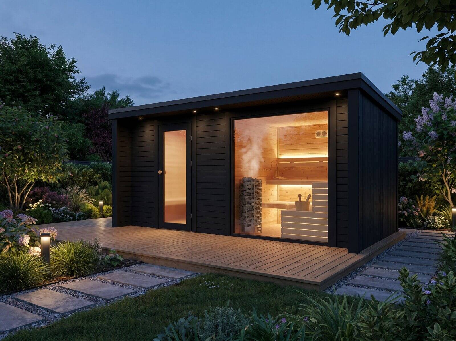 VIDDA panoramic-glass sauna with a separate changing room, exterior at dusk