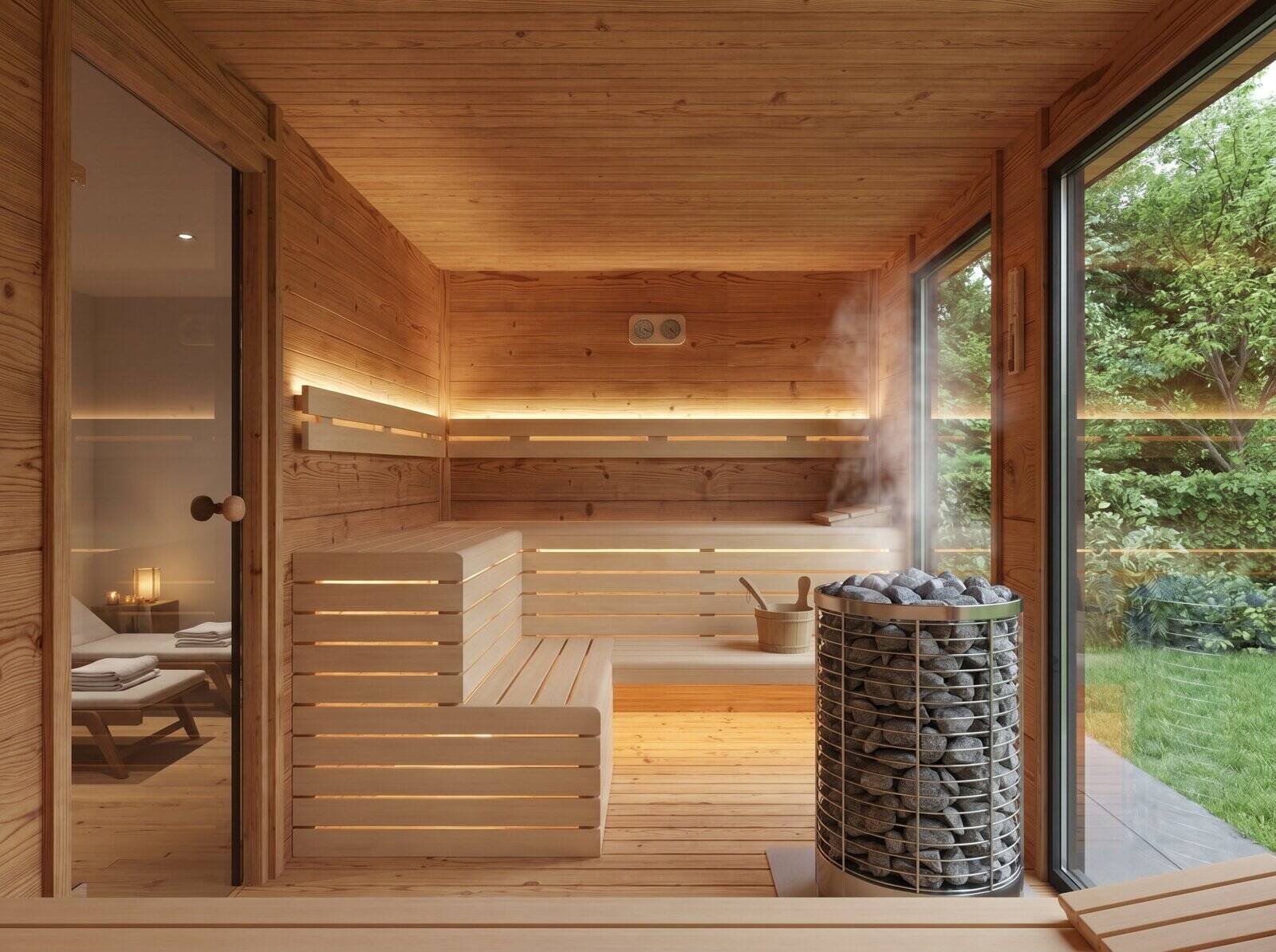 VIDDA sauna interior with benches and a stone heater