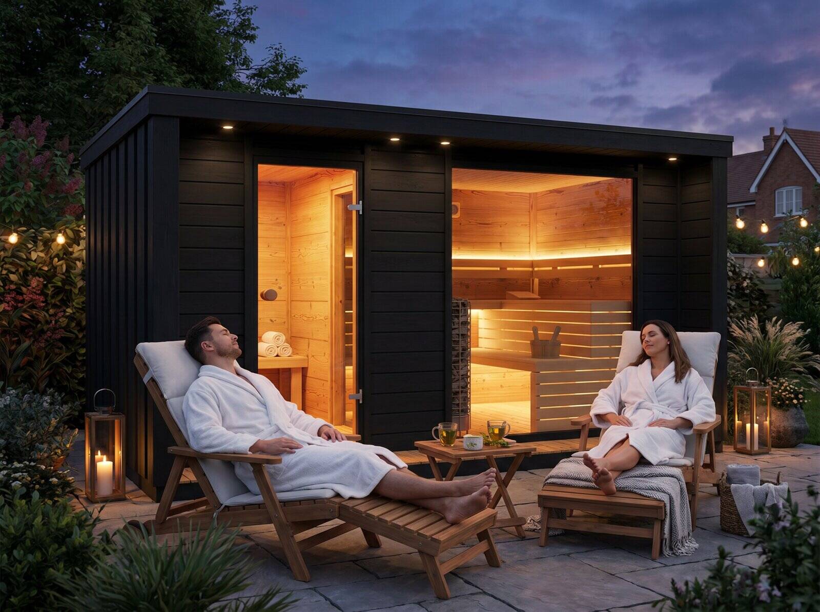 VeltHaven outdoor sauna glowing warmly at dusk with two people relaxing on loungers in a landscaped British garden