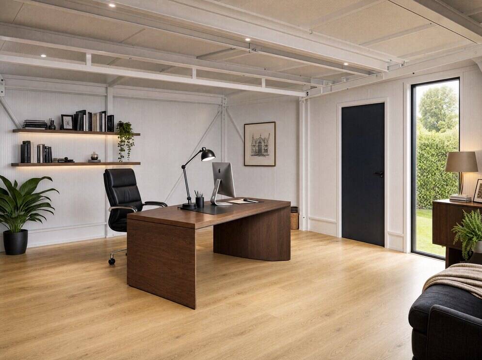 Garden room set up as a home office with oak-effect floor